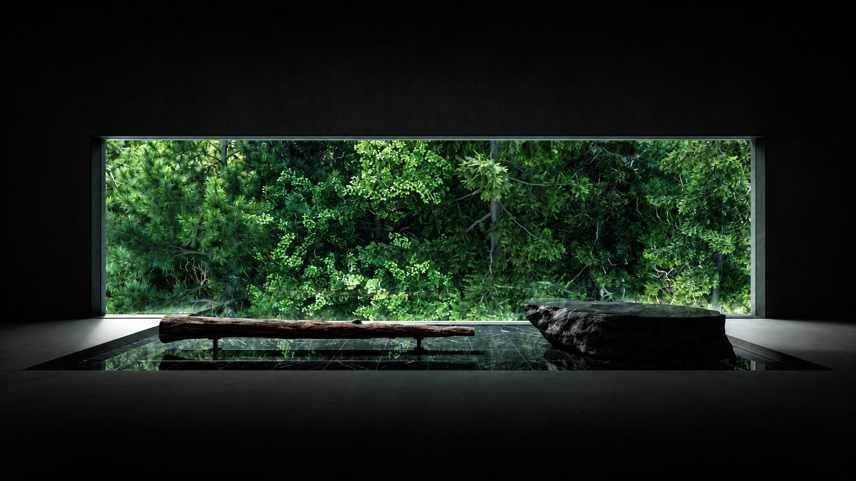 A dark, quiet room with a long window opening onto a lush green forest