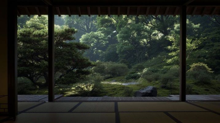 Tatami room opening onto a green moss garden