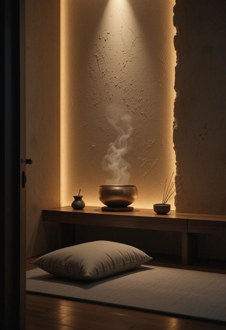 A meditation cushion before a low table with a singing bowl and incense