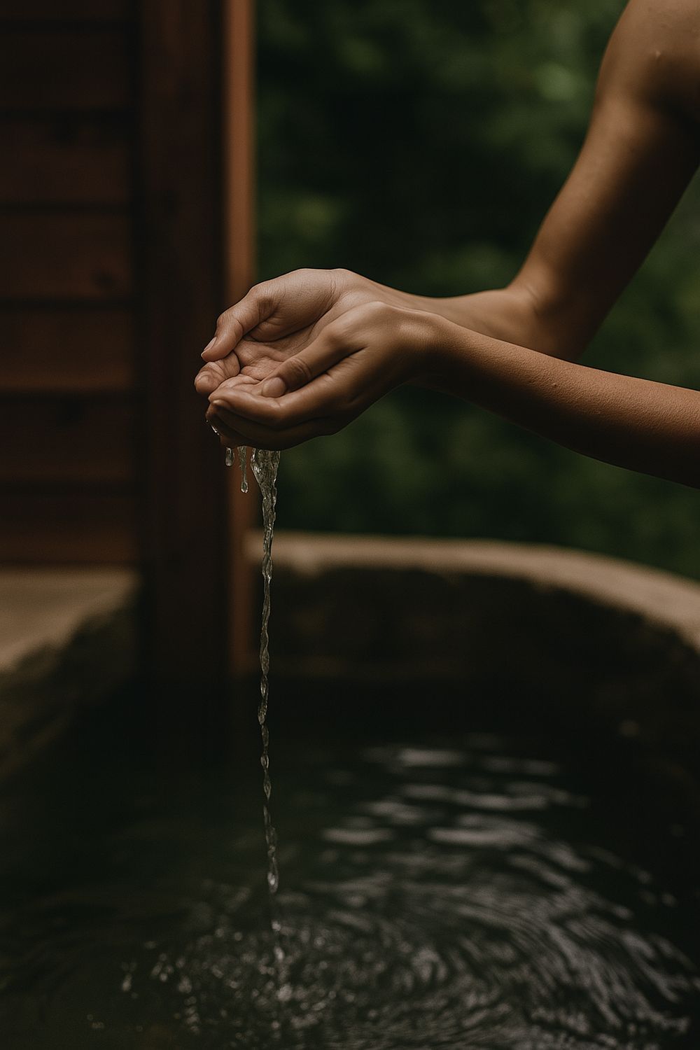 Cupped hands letting water fall into a stone basin